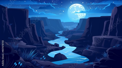 An Arizona river in a canyon at night. Modern cartoon landscape of nature park, a water stream gurgling along a gorge with stone cliffs and rocks. photo