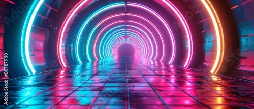 colorful neon maze in a futuristic retro style, panoramic view photo
