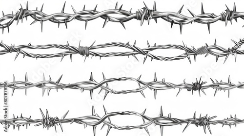 Isolated on white background, steel barbwire set with barbs, twisted wire. Realistic seamless frame of metal chain with sharp thorns for prison fence, security line, military boundary. photo