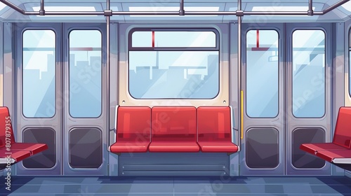 Modern realistic background with glass windows, sliding doors, handrails, and chairs in metro carriage. Empty metro wagon interior.