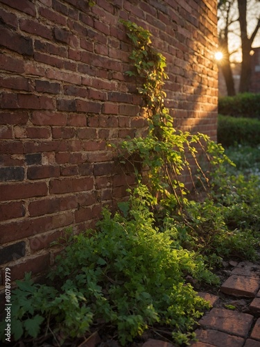 Sunlight filters through trees, casting shadows, illuminating brick wall. Green vines grow on this wall, their leaves highlighted by suns rays. Ground, made of stone tiles.