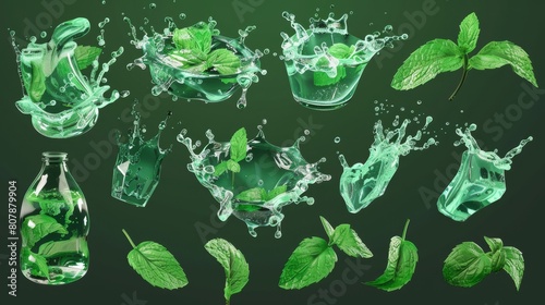 Realistic 3d modern set of water splashes with menthol or mint leaves. Droplets of pure liquid with spearmint leaf isolated on transparent background.