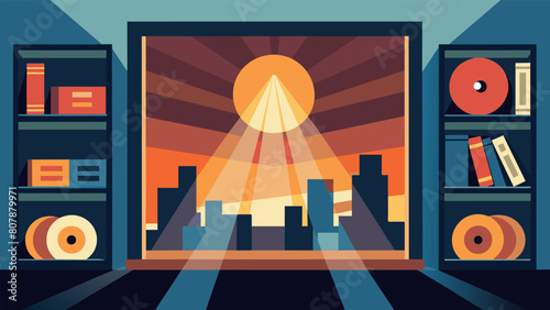 Sunlight streams through the window casting a warm glow over the rows of records inviting customers to take their time and browse at their leisure. Vector illustration