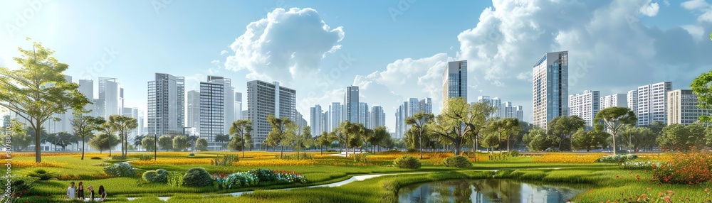 A lush green park in the middle of a modern city. The park is filled with people enjoying the outdoors. There are trees, flowers, and a pond. The city is in the background.