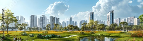 A lush green park in the middle of a modern city. The park is filled with people enjoying the outdoors. There are trees, flowers, and a pond. The city is in the background. © Chanoknan