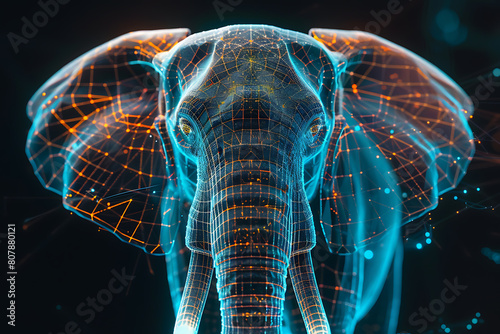  Explore an enchanting wireframe visualization against a radiant translucent backdrop, showcasing an intricate elephant design in a captivating and futuristic concept.