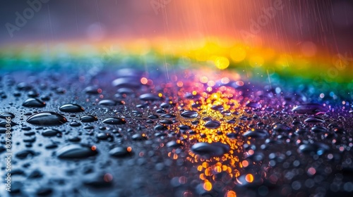 A rainbow reflected on a black surface, adorned with shimmering water droplets