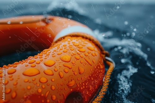 An orange life preserver buoyantly floats on the water, ready to aid in any water emergency photo