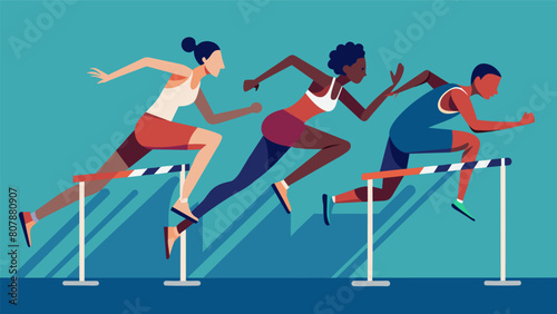 As they approach the final stretch the elite hurdlers dig deep and find that extra burst of energy to propel them over the hurdles.. Vector illustration photo