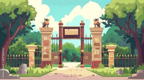 Cartoon illustration of zoo gates with zoo animals cages showing monkeys, crocodiles, tigers, grizzly bears and hyenas. Outdoor park entrance with billboards, fencing, and stone pillars. photo