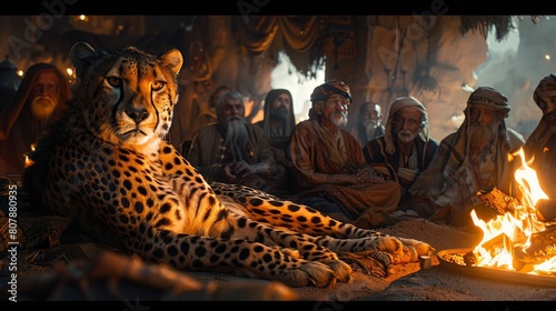 A group of ancient men sit around a fire in a cave while a giant, majestic cheetah lies nearby, watching over them.