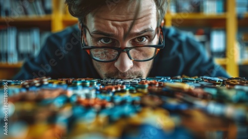 A man with glasses looking down at a table full of legos, AI