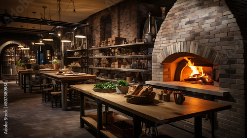 An artisanal pizza kitchen with an open brick oven, where a chef skillfully tosses dough under warm, ambient lighting, surrounded by fresh ingredients. photo