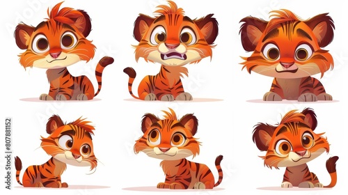 Animated tiger cartoon character with kawaii muzzle, expressive smile, laugh, surprise and sadness. It is a wild kitten with orange stripes on his skin. Modern illustration, isolated.