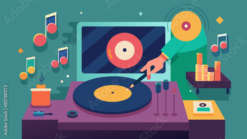 As the needle touches the vinyl a soft and familiar tune fills the room. The clients face lights up as they begin to hum along feeling a sense of Vector illustration
