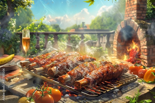 a sizzling summer barbecue scene featuring juicy meats and fresh beautiful background, with the tantalizing aroma of grilled goodness wafting through the air