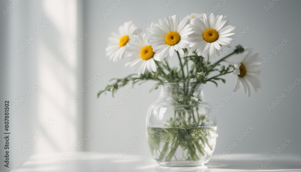 daisy flowers in decorative glass vase and white wall background
daisy flowers in decorative glass vase and white wall background