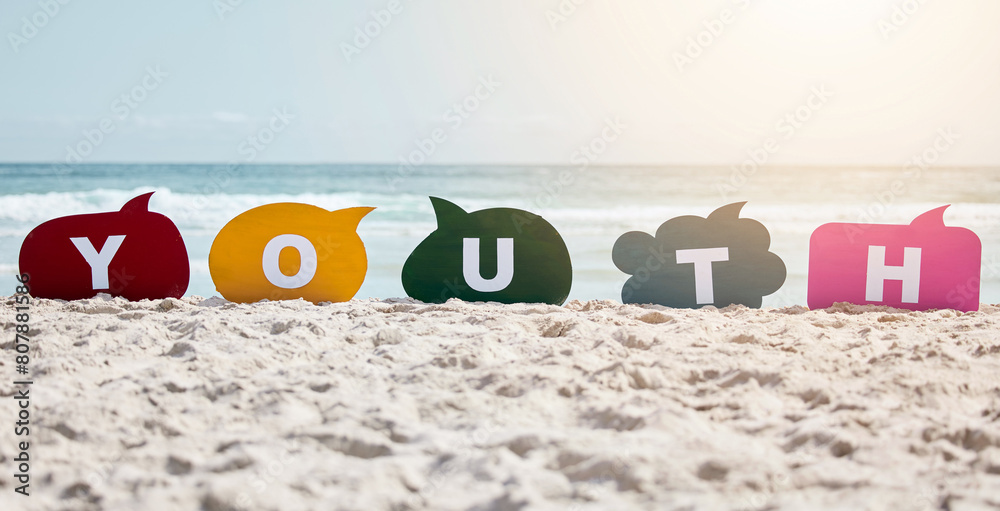 Obraz premium Speech bubbles, beach and sand with summer, spelling and word on the seashore with communication. Empty, color and letters with voice, lens flare and sunshine with opportunity, seaside and opinion