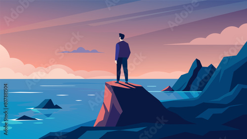 A man standing on a rocky cliff looking out at the ocean and feeling a sense of inner peace wash over him.. Vector illustration