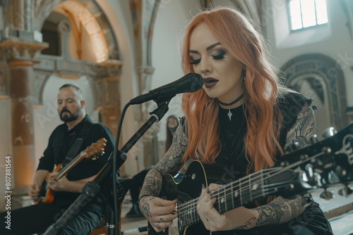 A woman with vibrant red hair is depicted playing a guitar inside a church
