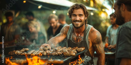 a bachelor party, with a group of men gathered around a barbecue grill, savoring grilled delights and sharing anecdotes, the aroma of smoke and food filling the air