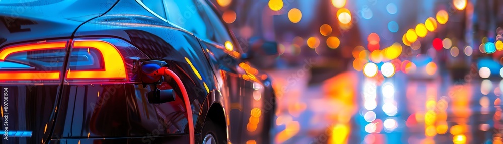 A sleek black electric car is plugged into a charging station. The car is parked in a city at night. The city lights are reflected in the car's paint. A sleek black electric car is plugged into a charging station. The car is parked in a city at night. The city lights are reflected in the car's paint.