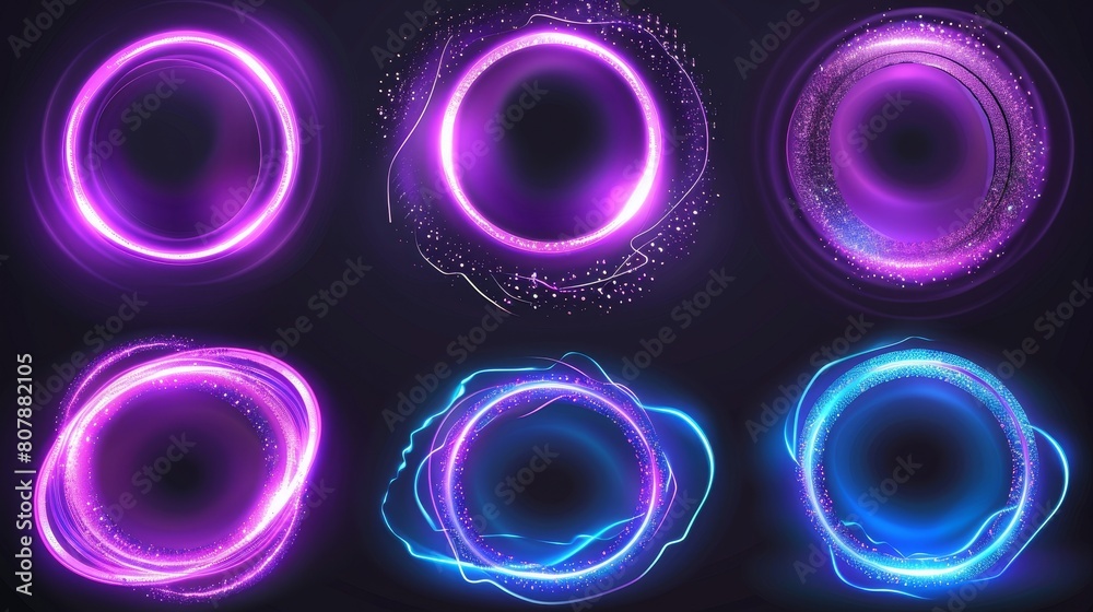 Modern realistic set of blue and purple shiny circles and swirls, round frames of flare trail with glitter dust isolated on transparent background. Modern realistic set of blue and purple shiny circles and swirls, round frames of flare trail with glitter dust isolated on transparent background.
