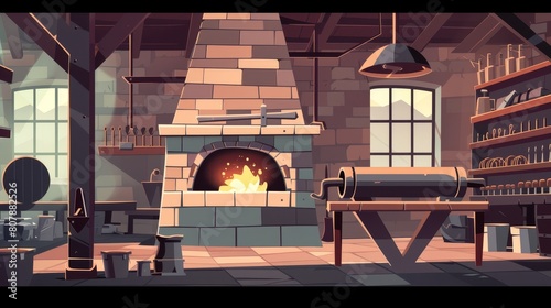 Modern cartoon interior of smithy workshop with brick furnace, shelves with tools and metallurgy equipment. A blacksmith uses his hammer and anvil in the forge. photo