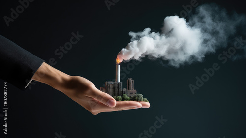 A hand holding a factory that smokes and pollutes the atmosphere. Ecological concept banner. photo