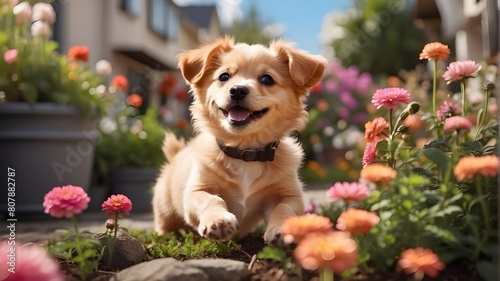 A cute and content dog is bouncing in a flowerbed.