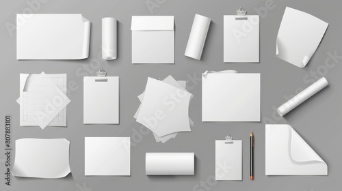 There are white stickers of different shapes with shadows and folded edges. Tags, sticky notes for memo mockup isolated on a transparent background. Adhesive tape for paper, empty blanks.