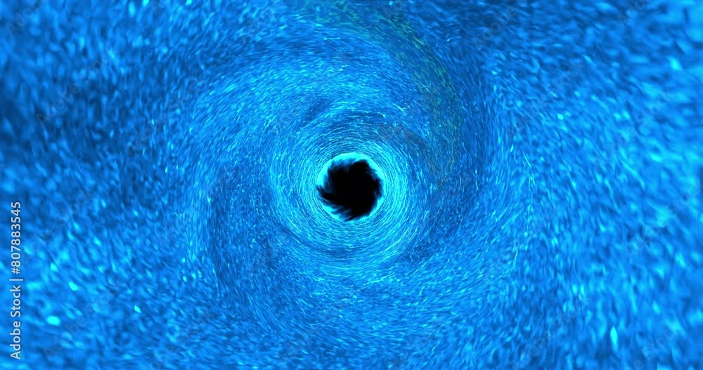 Animation blue bright whirlpool with dark hole at the end of the tunnel. Video of swirling sea waves. Concept of exiting a whirlpool, the power of nature of water