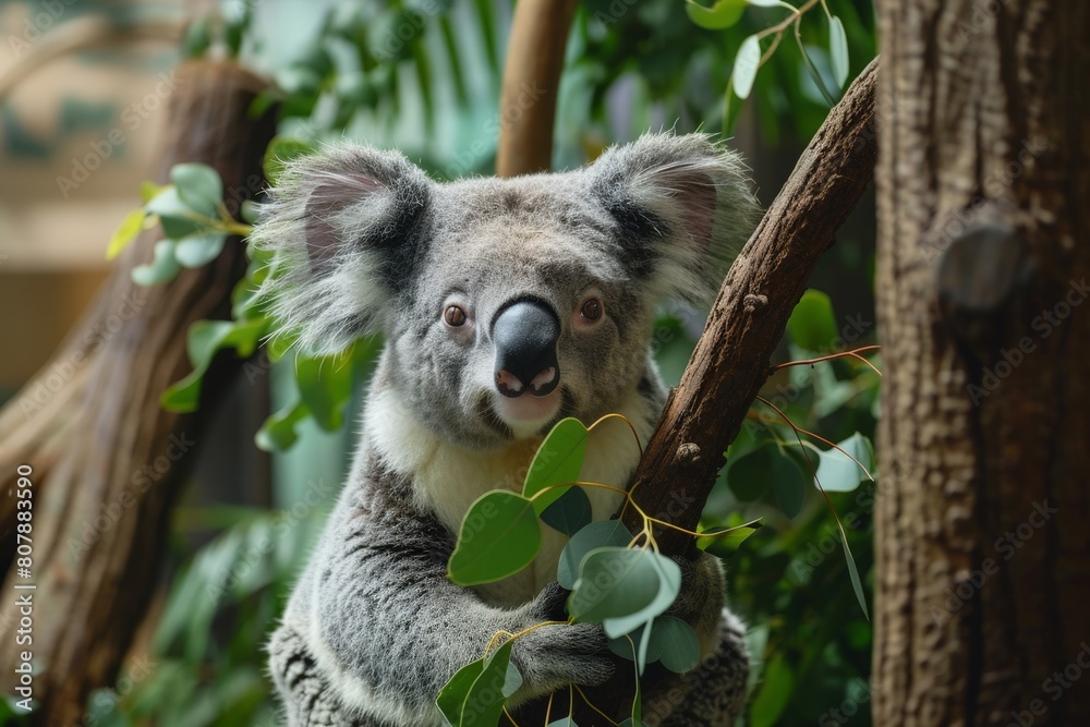 Obraz premium A koala bear is perched on a tree branch, surrounded by lush green foliage in its natural habitat