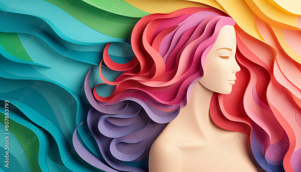 A woman with long, colorful rainbow hair is the main focus of the image