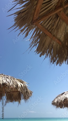 Straw beach umbrellas in slight breeze in summer with blue ocean