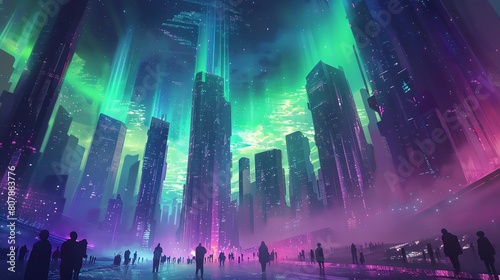 A futuristic cityscape with towering crystal skyscrapers blending into an aurora-filled sky  as graceful nanobots dance in formation  inspired by ballet and martial arts