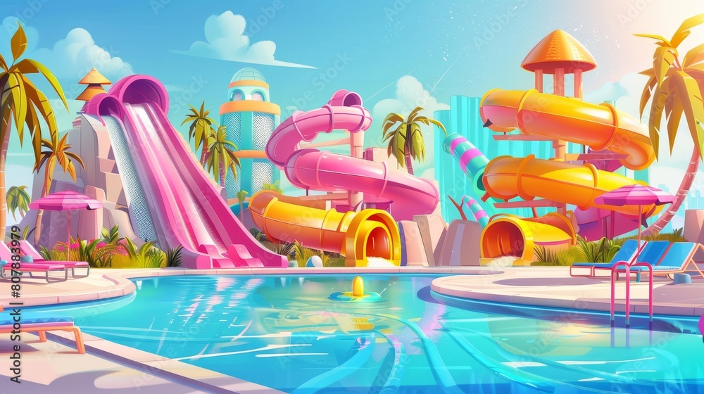 An aqua park with a spiral pipe waterslide and an inflatable ring in an ...