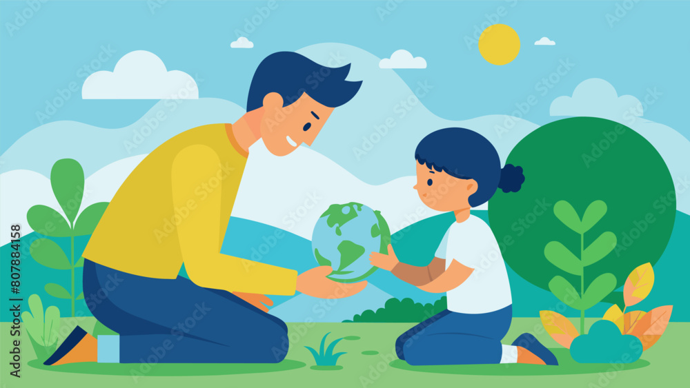 A parent demonstrating the stoic value of living in accordance with nature and teaching their child to appreciate and respect the natural world.. Vector illustration