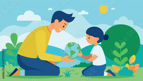 A parent demonstrating the stoic value of living in accordance with nature and teaching their child to appreciate and respect the natural world.. Vector illustration