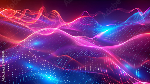 Abstract shiny wave background in purple, pink and blue lights, Digital luxury sparkling wave particles, background streams, digital data flow movement ,technological background 