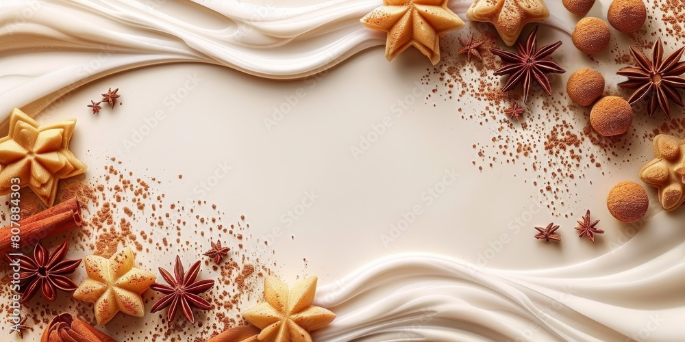 Fototapeta premium Light cream-colored abstract background with copy space surrounded by star anise, cinnamon sticks, and meringue cookies scattered around the edges