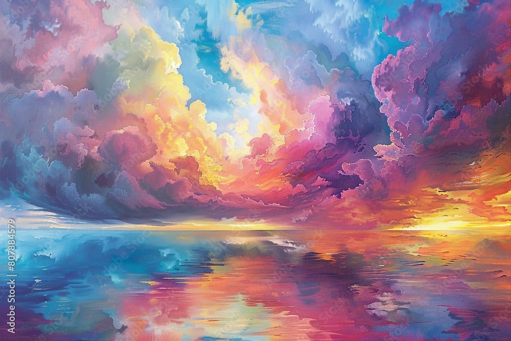 Colorful Abstract Oil Painting of Cloudy Sky and Reflection