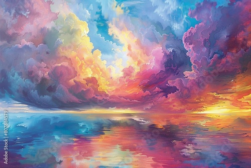 Colorful Abstract Oil Painting of Cloudy Sky and Reflection