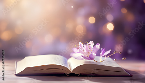 A flower is on the pages of an open book