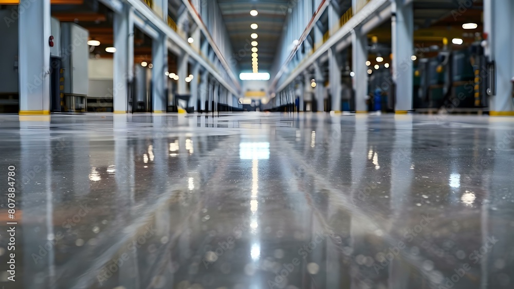 Clean polished concrete floor in industrial manufacturing plant or warehouse. Concept Industrial Cleaning, Polished Concrete, Manufacturing Plant, Warehouse Maintenance, Floor Care Clean polished concrete floor in industrial manufacturing plant or warehouse. Concept Industrial Cleaning, Polished Concrete, Manufacturing Plant, Warehouse Maintenance, Floor Care