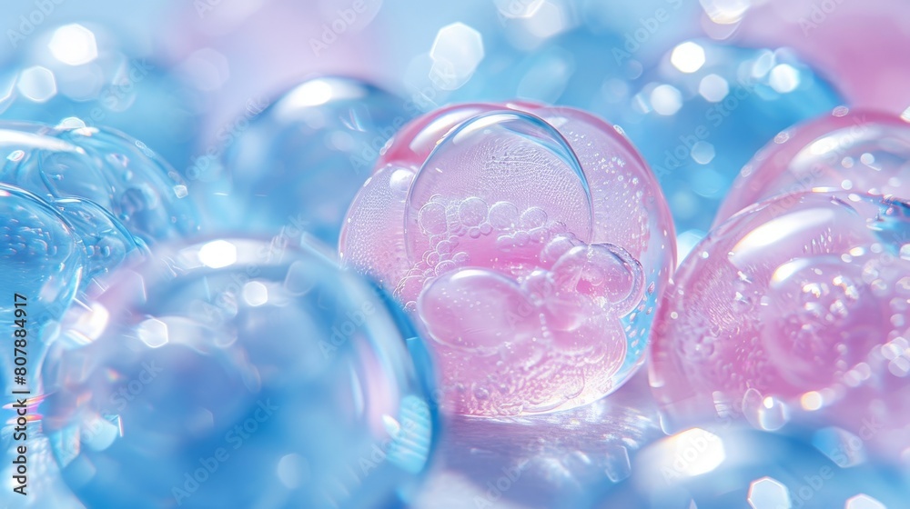Pink and blue bubbles float against a blue backdrop Pink and blue bubbles float against a blue backdrop