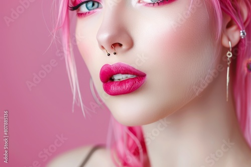 Stylish Woman with Pink Hair and Vibrant Lipstick  Fashionable Beauty Portrait with Piercings