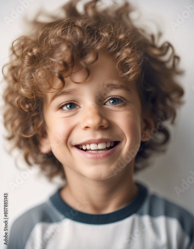 happy portrait of a little boy with curly hair, isolated white background 