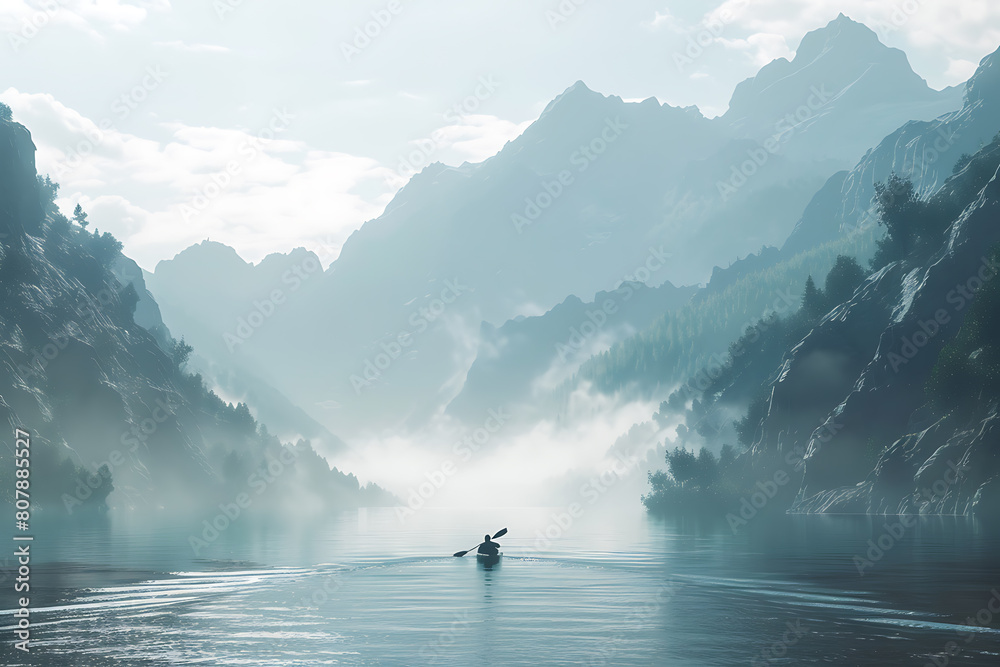 A person enjoys a tranquil kayak ride on calm waters, surrounded by nature's beauty and serenity. A person enjoys a tranquil kayak ride on calm waters, surrounded by nature's beauty and serenity.