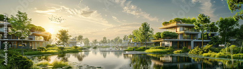A serene sustainable innovation park, integrating green technology and modern architecture, sunny and peaceful photo